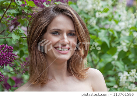 Joyful young adult brunette female model with fresh clean skin, bob haircut and natural makeup Joyful young adult brunette female model with fresh clean skin, bob haircut and natural makeup 113701596