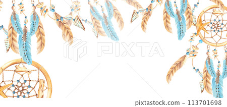 Dream catcher banner with beads, sea shells, sea star and blue and beige feathers. Watercolor horizontal frame, border. Hand drawn illustration. Perfect as a web banner, card and invitation template 113701698