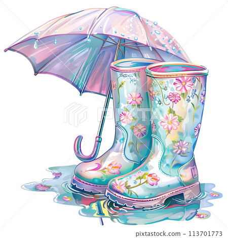 Charming clipart set featuring colorful pastel wellies with floral pattern, a matching umbrella, perfect for spring-themed designs, cards, and posters. 113701773