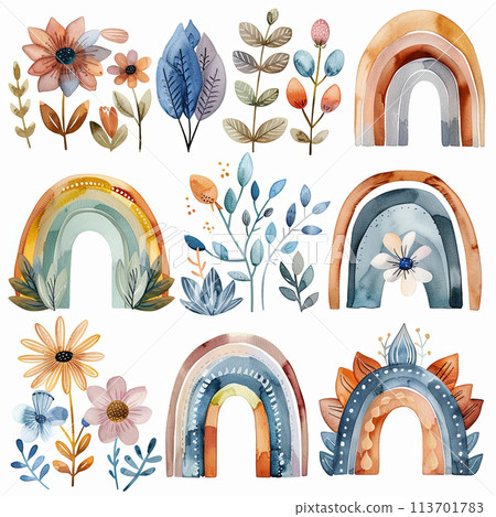 Lovely watercolor illustrations of a boho rainbow with beautiful flowers in soft pastel tones, perfect for adding a touch of whimsy to stationery, prints, and social media graphics. 113701783