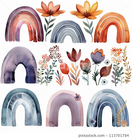 Charming watercolor clipart set of a boho rainbow with delicate flowers, ideal for creating dreamy invitations, posters, and digital scrapbooks 113701784