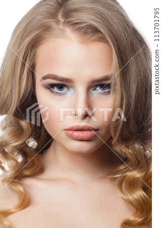 Perfect blonde lady on white background. Beautiful blond woman studio portrait 113701795