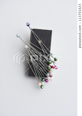Multicolored pins on a white background. Pins and a sewing magnet. Multicolored pins on a white background. Pins and a sewing magnet. 113701823