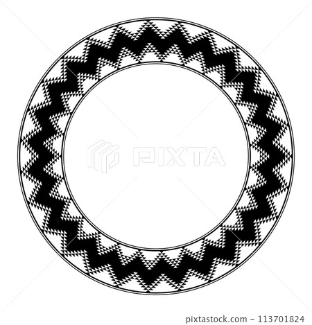 Anasazi pattern, circle frame. Decorative border the typical design of the Ancestral Puebloans, a Native American culture, based on the artful repetition of a triangle in positive and negative play. 113701824
