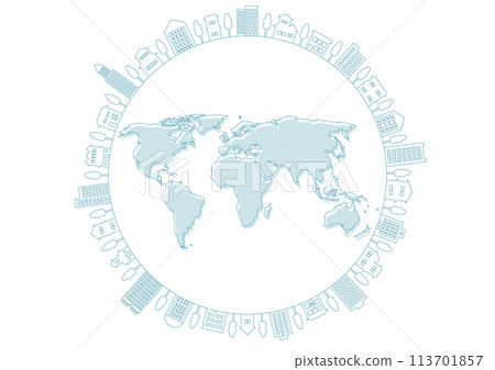 Blue line drawing of buildings and earth illustration 113701857