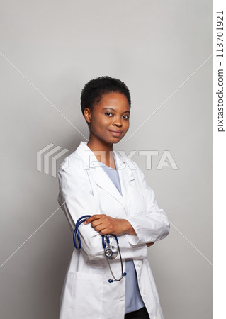 Physician woman medical worker in lab coat on white background Physician woman medical worker in lab coat on white background 113701921