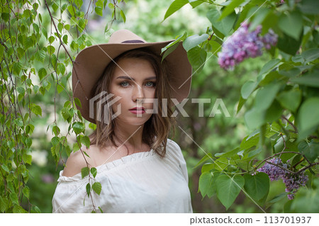 Perfect healthy woman posing outdoor in spring park, closeup portrait 113701937
