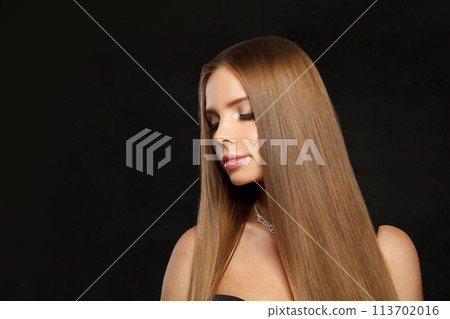 Stylish fashion model woman with long healthy hairstyle, fresh shiny skin and makeup 113702016