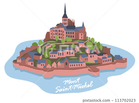 Mont-Saint-Michel, rocky islet and famous sanctuary in Manche departement, Normandy region, France. Vector isolated illustration with lettering 113702023