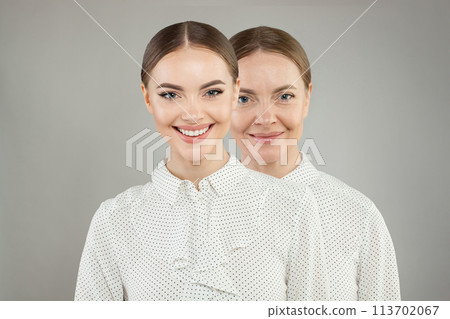 Good-looking models. Young and old woman on white background. Aging, cosmetology, generation Good-looking models. Young and old woman on white background. Aging, cosmetology, generation 113702067