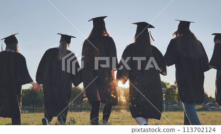 Graduate students walking through an evening meadow at sunset. Graduate students walking through an evening meadow at sunset. 113702124