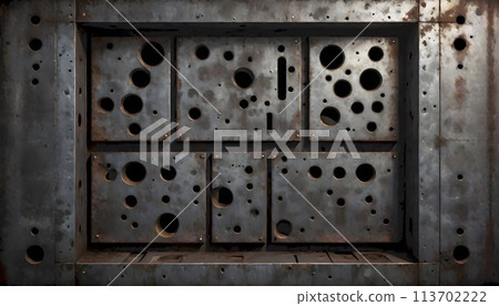 Industrial aesthetics captured in rustic metal grunge panel, generated with AI. Industrial aesthetics captured in rustic metal grunge panel, generated with AI. 113702222