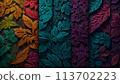 Modern vibrant pattern texture with leaf like shapes in a rainbow effect, generated with AI. 113702223