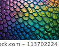 Vivid iridescent reptile scale texture displaying a stunning array of colors illustrating the beauty of natural patterns, perfect for creative design projects, generated with AI. 113702224