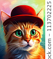 Artistic colorful cat with a stylish hat, generated with AI. 113702225