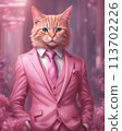 Anthropomorphized pink cat in a stylish suit, generated with AI. 113702226