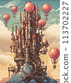 Enchanting pink castle amidst clouds with hot air balloons, fantasy architecture, dreamy fairytale scene, perfect for children stories, generated with AI. 113702227