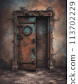 Mystic wooden door standing isolated in open field with stormy sky, pathway leading through, concept of opportunity and mystery, generated with AI. 113702229