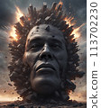 Fiery monolith portrait amongst ruins, majestic stone face with intense glowing eyes incorporating dystopian and fantasy elements, ideal for creative visual storytelling, generated with AI. 113702230