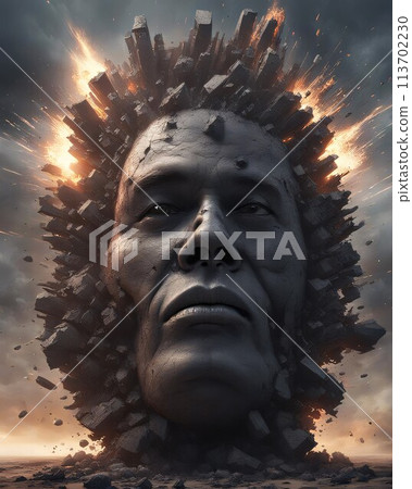 Fiery monolith portrait amongst ruins, majestic stone face with intense glowing eyes incorporating dystopian and fantasy elements, ideal for creative visual storytelling, generated with AI. Fiery monolith portrait amongst ruins, majestic stone face with intense glowing eyes incorporating dystopian and fantasy elements, ideal for creative visual storytelling, generated with AI. 113702230