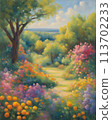 Colorful landscape painting with blue skies and green fields, generated with AI. 113702233