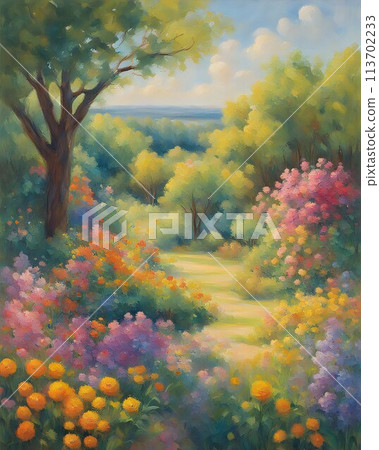 Colorful landscape painting with blue skies and green fields, generated with AI. Colorful landscape painting with blue skies and green fields, generated with AI. 113702233
