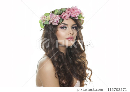 Nice fashion woman with curly hair and make-up isolated on white background, studio beauty portrait 113702271