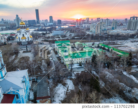 Spring Yekaterinburg, Temple on Blood and Church of St Nicholas in sunset. Aerial view of Yekaterinburg, Russia. Translation of text on the temple 113702298