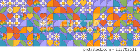 Seamless pattern with simple geometric minimalistic abstract shapes and figures in lgbt flag colors. Mosaic texture in complementary bright colors blocks. Contemporary trendy bauhaus vector design. 113702531