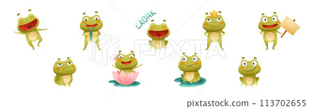 Funny Green Frog Character Engaged in Different Activity Vector Set 113702655