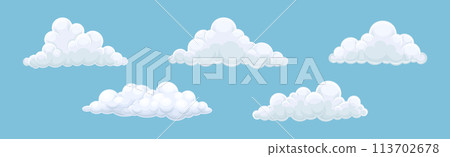 Fluffy Soft Cloud Isolated on Blue Background Vector Set 113702678