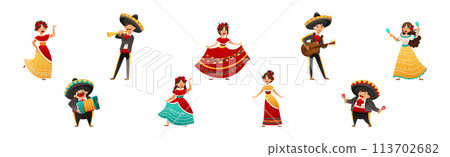 Mexican People Character Wearing Traditional Clothes Playing Musical Instrument and Dancing Vector Set 113702682