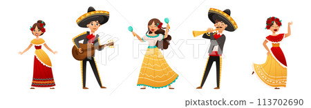 Mexican People Character Wearing Traditional Clothes Playing Musical Instrument and Dancing Vector Set 113702690