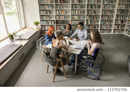 Students and girl in wheelchair take part in educational seminar Students and girl in wheelchair take part in educational seminar 113702708