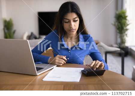 Serious young Indian accountant woman calculating domestic expenses Serious young Indian accountant woman calculating domestic expenses 113702715