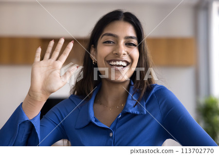 Cheerful young Indian blogger girl waving hand hello at camera Cheerful young Indian blogger girl waving hand hello at camera 113702770