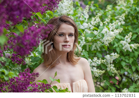Summer young adult brunette female model with fresh clean skin, bob haircut and natural makeup Summer young adult brunette female model with fresh clean skin, bob haircut and natural makeup 113702831