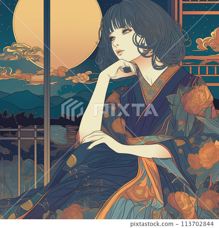 下雨天站在水神森林裡的穿著和服和滿月的女人 113702844