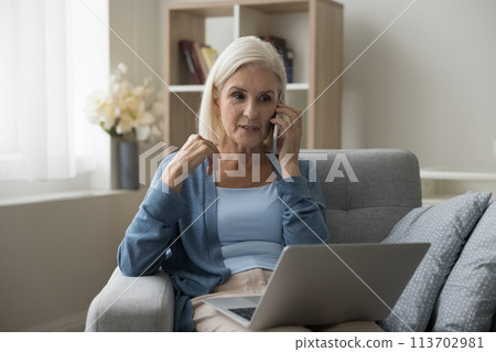 Mature woman talking on smartphone seated on sofa with laptop 113702981