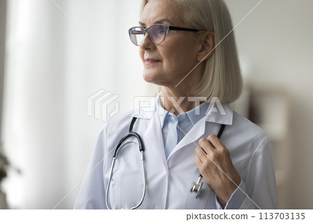Closeup of proud mature general practitioner looking aside posing indoor 113703135