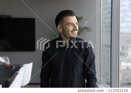 Handsome pensive businessman standing alone in modern office 113703139