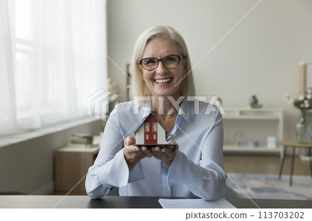 Representative of real-estate agency holding miniature of small cottage house Representative of real-estate agency holding miniature of small cottage house 113703202