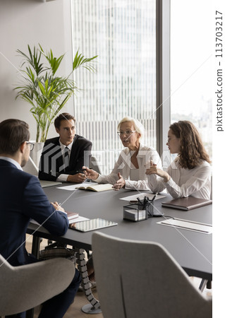 Serious businesswoman discuss project plan at group briefing in boardroom 113703217