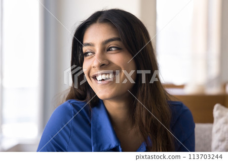 Happy beautiful young Indian woman home portrait 113703244