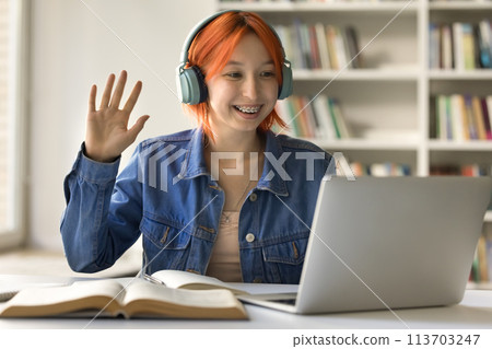 Pretty girl greeting teacher, start online lesson 113703247