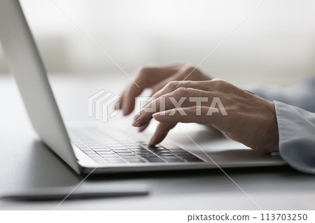 Closeup shot female hands typing text on laptop keyboard Closeup shot female hands typing text on laptop keyboard 113703250