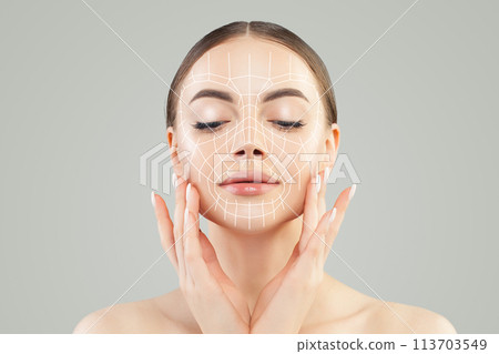 Nice female face with healthy skin and cosmetology lines, medicine and plastic surgery concept 113703549