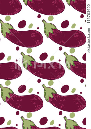 Seamless vector pattern. Purple eggplants with green tails, colored spots drawn in vector on a white background. Suitable for printing on textiles and paper, for textiles, dishes, kitchens, creativity Seamless vector pattern. Purple eggplants with green tails, colored spots drawn in vector on a white background. Suitable for printing on textiles and paper, for textiles, dishes, kitchens, creativity 113703600