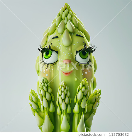Funny cute bunch of asparagus with hands and eyes, 3d illustration on a white background, for advertising and design of vegetables and products made from them 113703682