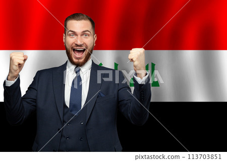 Iraqi happy businessman on the background of flag of Iraq Business, education 113703851